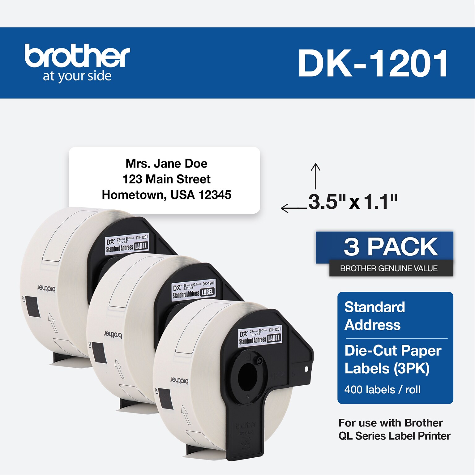 Brother Genuine 1.1” x 3.5” Die-Cut Standard White Address Labels, 3/Pack (DK-1201 3PK)