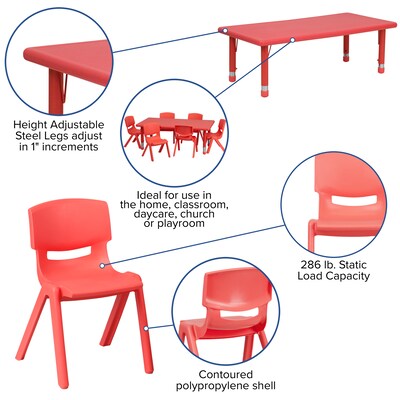 Flash Furniture 24"W x 48"L Height Adjustable Rectangular Plastic Activity Table Set, Red