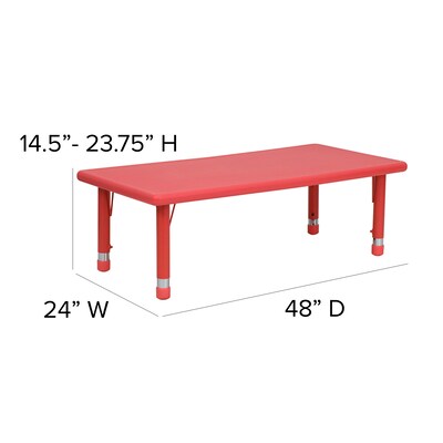 Flash Furniture 24"W x 48"L Height Adjustable Rectangular Plastic Activity Table Set, Red