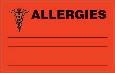 Allergy Warning Medical Labels, Allergies, Fluorescent Red, 2-1/2x4, 100 Labels (37067)