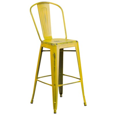 Flash Furniture 30 High Distressed Yellow Metal Indoor Barstool with Back (ET353430YL)