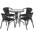 28 Round Glass Metal Table with Black Rattan Edging and 4 Black Rattan Stack Chairs [TLH-087RD-037BK4-GG]