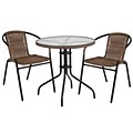 28 Round Glass Metal Table with Dark Brown Rattan Edging and 2 Dark Brown Rattan Stack Chairs [TLH-087RD-037BN2-GG]