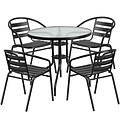 31.5 Round Glass Metal Table with 4 Black Metal Aluminum Slat Stack Chairs [TLH-072RD-017CBK4-GG]