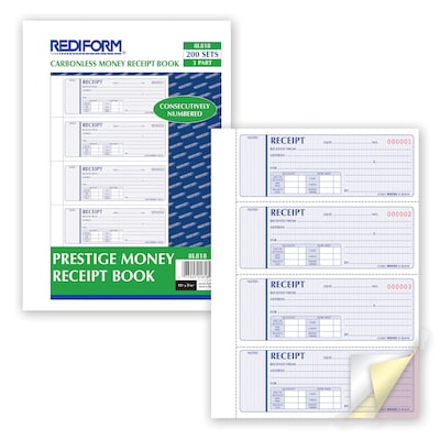 Money Receipt Forms, Carbonless, 3 Part, Hard Cover, 2-3/4 x 7, 200 Sets/Book (RED8L818)