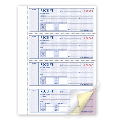 Money Receipt Forms, Carbonless, 3 Part, Hard Cover, 2-3/4" x 7", 200 Sets/Book (RED8L818)