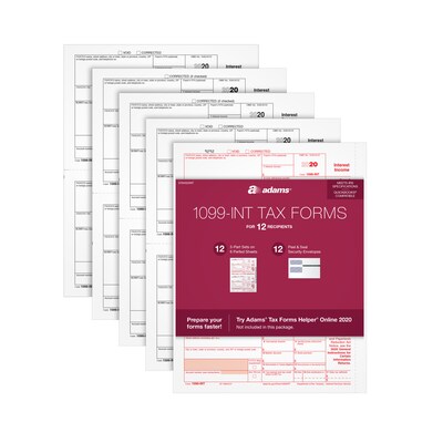 Adams 2020 1099-INT Tax Forms with Envelopes, 5-Part, 12/Pack (STAX520NT)