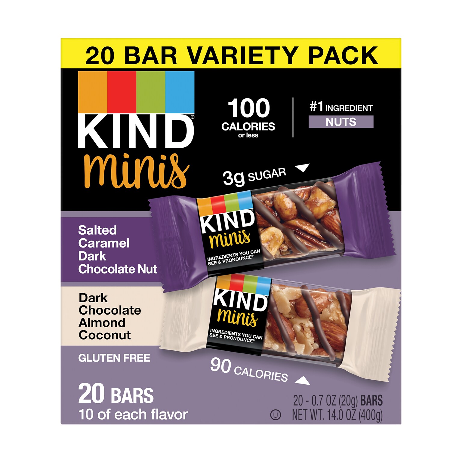 KIND Minis Bars, Salted Caramel Dark Chocolate Nut/Dark Chocolate Almond Coconut, 0.7 Oz., 20/Pack (27970)