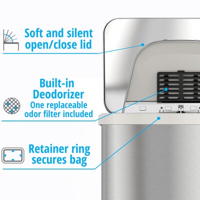 halo TapCan Stainless Steel Rectangular Pedal Sensor Trash Can with AbsorbX Odor Control System, White Trim, 13 Gal. (TC13SW)