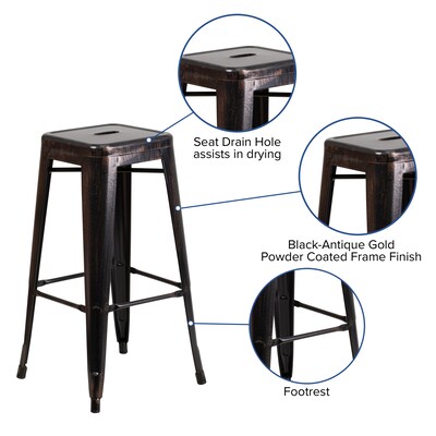 Flash Furniture Kai Industrial Metal Bar Stool without Back, Black-Antique Gold (CH3132030BQ)