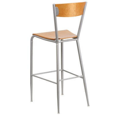 Flash Furniture Invincible Series Traditional Metal Open Back Restaurant Barstool, Silver/Natural Wood (XUDG60218B)