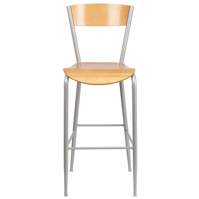 Flash Furniture Invincible Series Traditional Metal Open Back Restaurant Barstool, Silver/Natural Wood (XUDG60218B)