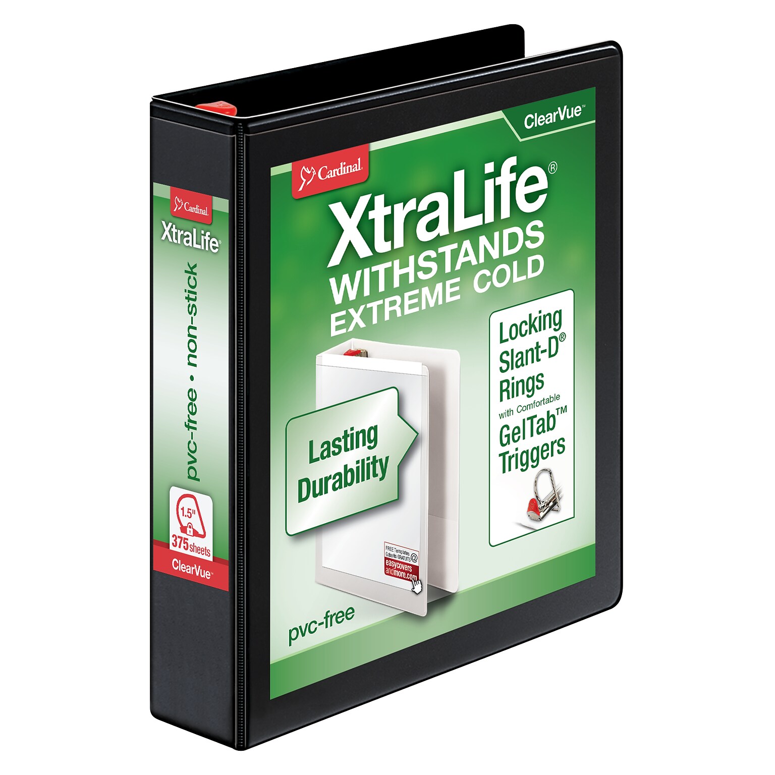 Cardinal XtraLife ClearVue Heavy Duty 1 1/2 3-Ring View Binders, D-Ring, Black (26311)