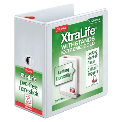 Cardinal XtraLife ClearVue Heavy Duty 5" 3-Ring View Binders, D-Ring, White (26350)