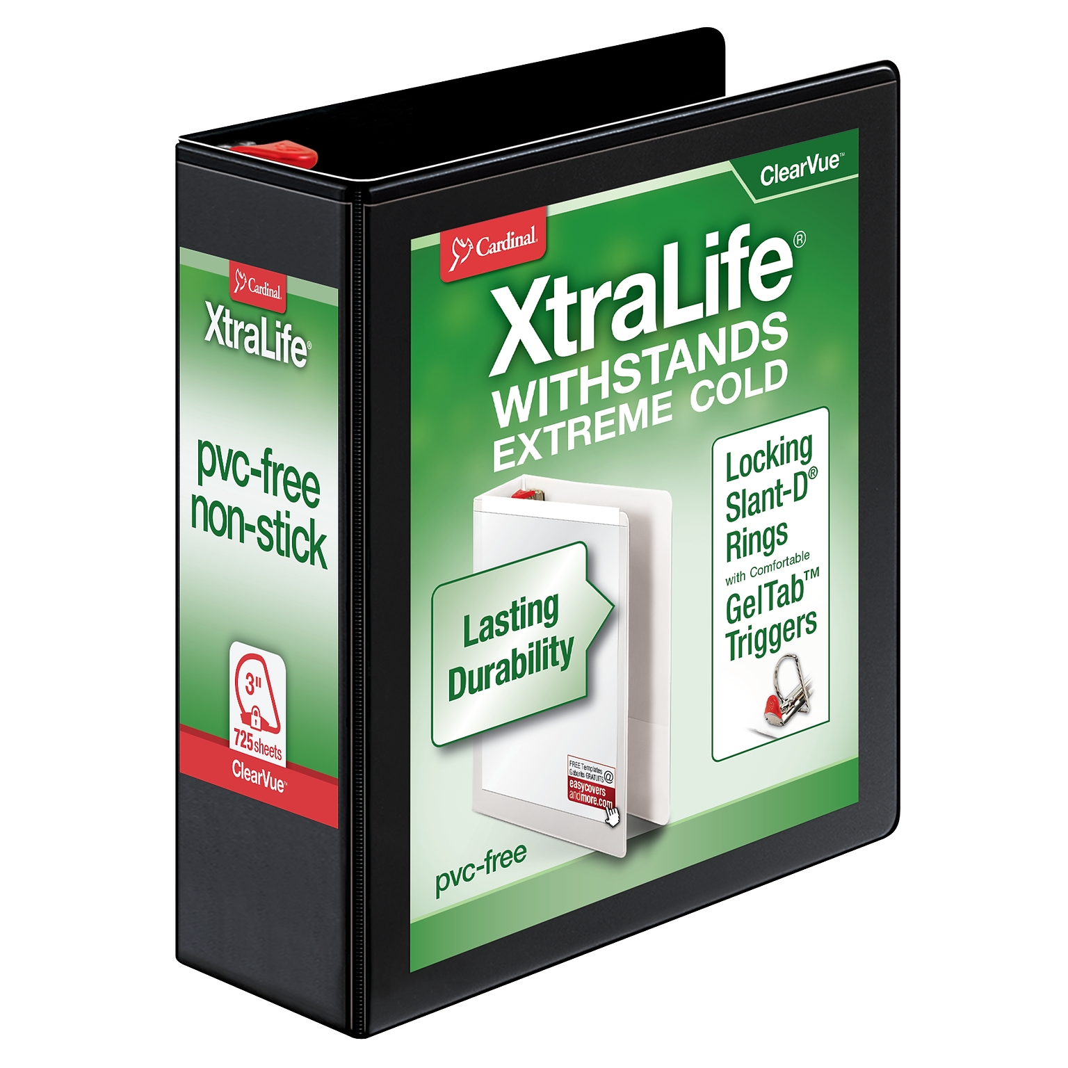 Cardinal XtraLife ClearVue 3 3-Ring Non-View Binders, D-Ring, Black (26331)