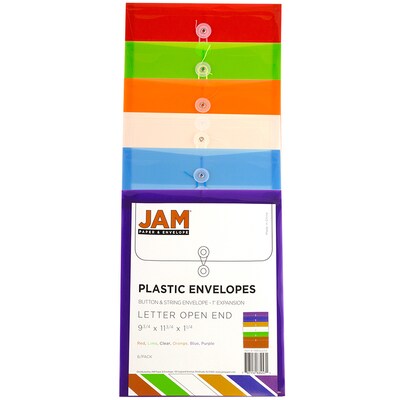 Jam Paper Plastic Envelopes with Snap Closure, Letter size, Assorted Colors, 6/Pack (218S0RGBYPCL)