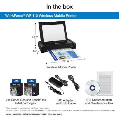 Epson WorkForce WF-110 Wireless Color Inkjet Printer, Single-Function, Print (9472520)