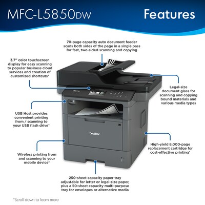 Brother MFC-L5850DW Monochrome Laser Printer All-In-One with Wireless, Network Ready and USB