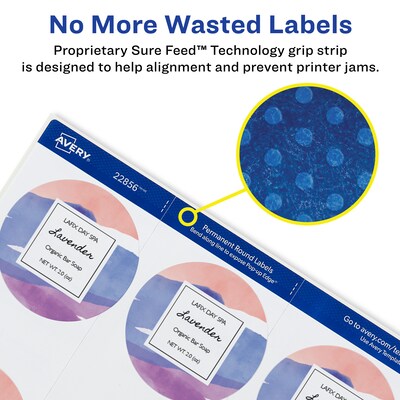 Avery Waterproof Laser Inkjet Round Labels, 2 1/2" Diameter, White, 9 Labels/Sheet, 8 Sheets/Pack, 72 Labels/Pack (22856)