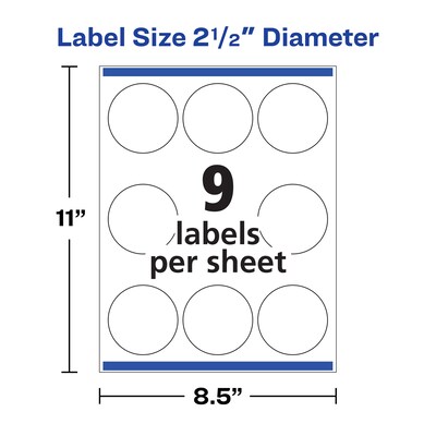Avery Waterproof Laser Inkjet Round Labels, 2 1/2" Diameter, White, 9 Labels/Sheet, 8 Sheets/Pack, 72 Labels/Pack (22856)
