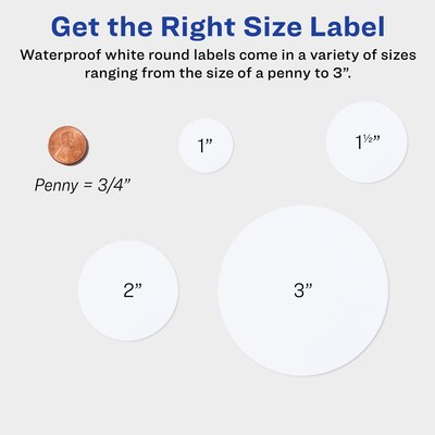 Avery Waterproof Laser Inkjet Round Labels, 2 1/2" Diameter, White, 9 Labels/Sheet, 8 Sheets/Pack, 72 Labels/Pack (22856)