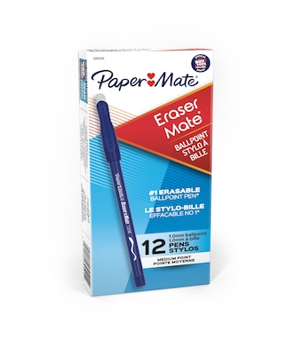 Paper Mate Eraser Mate Erasable Ballpoint Pen, Medium Point, Blue Ink, Dozen (3910158)