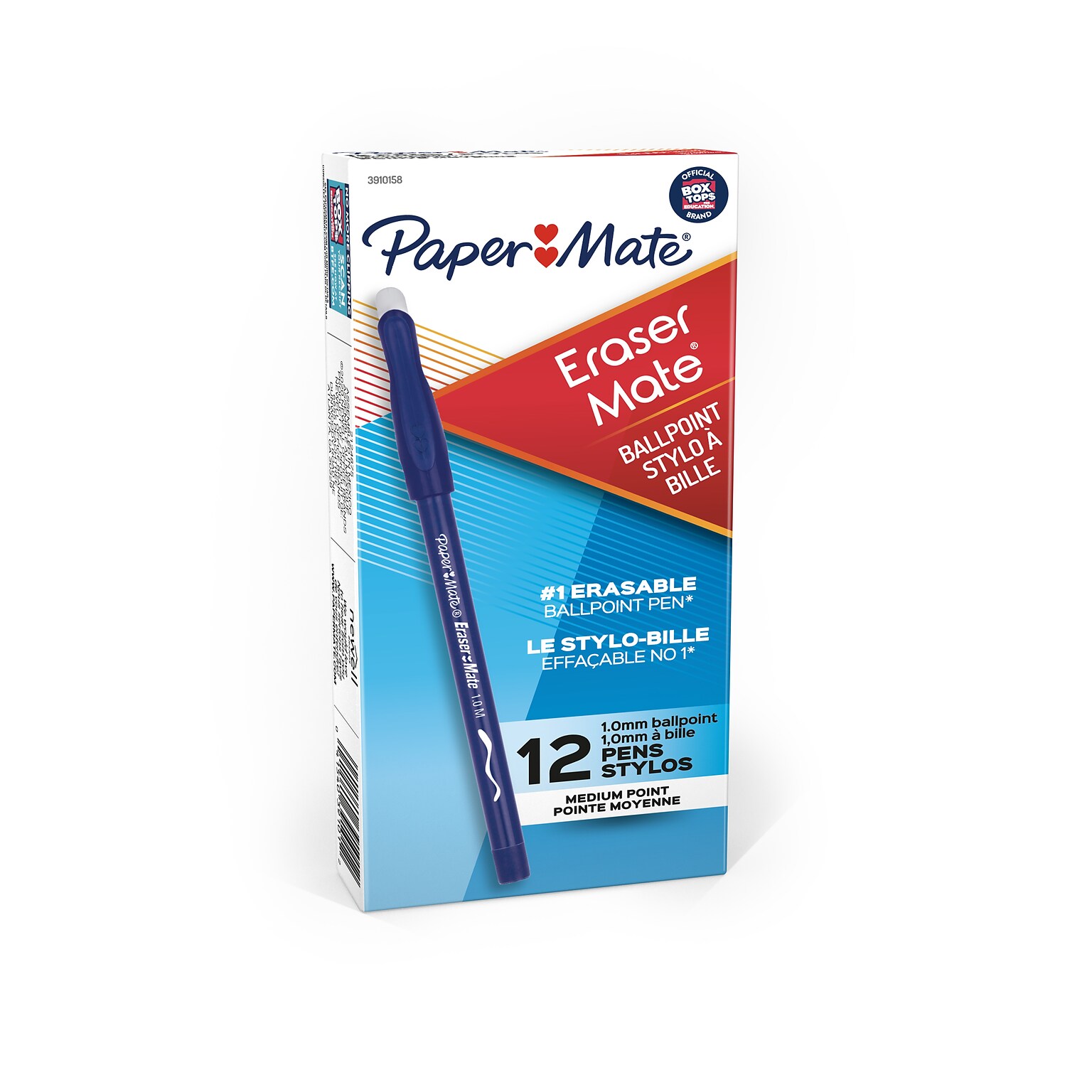 Paper Mate Eraser Mate Erasable Ballpoint Pen, Medium Point, Blue Ink, Dozen (3910158)