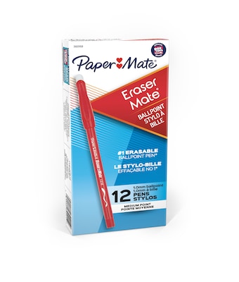 Paper Mate Eraser Mate Erasable Ballpoint Pen, Medium Point, Red Ink, Dozen (3920158)