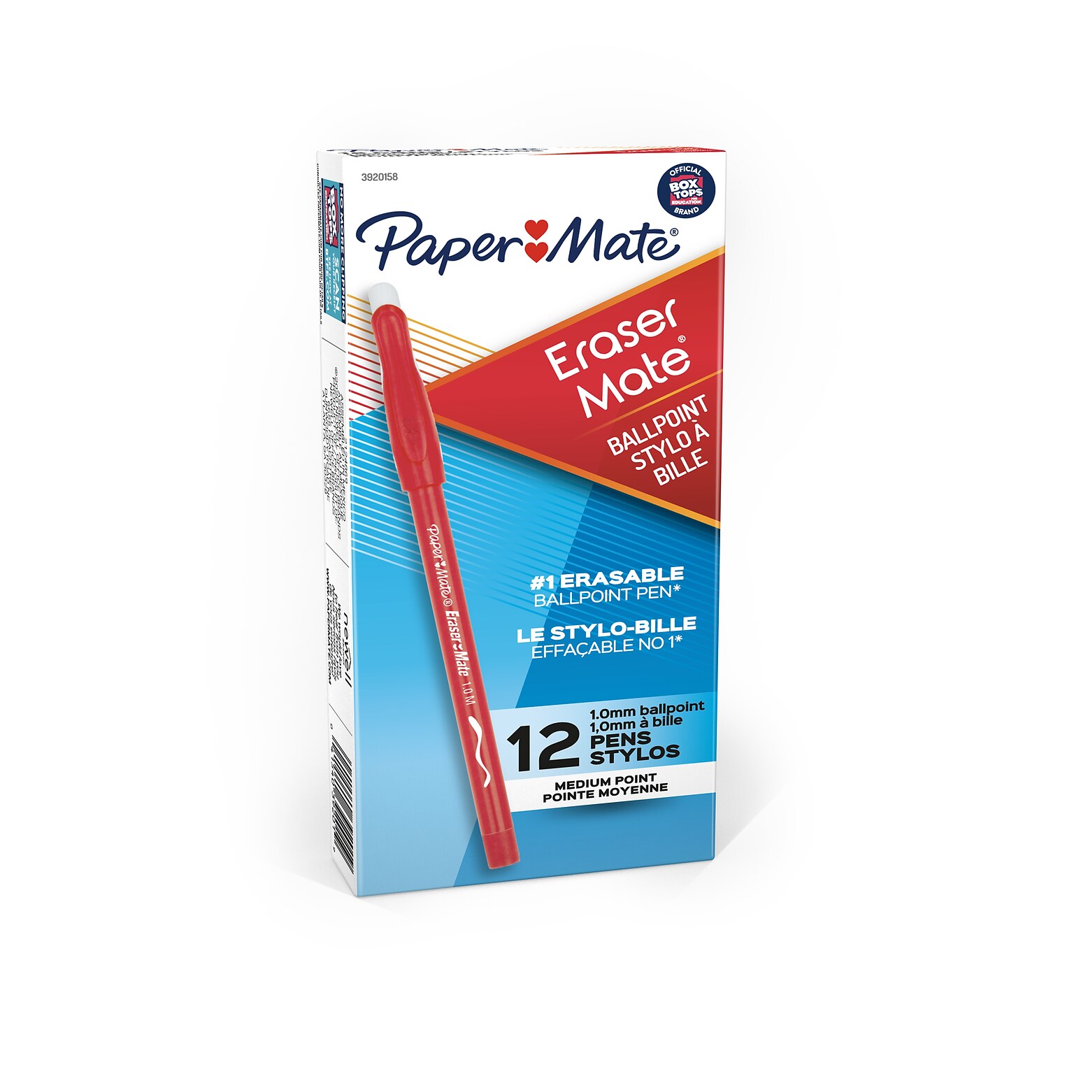 Paper Mate Eraser Mate Erasable Ballpoint Pen, Medium Point, Red Ink, Dozen (3920158)