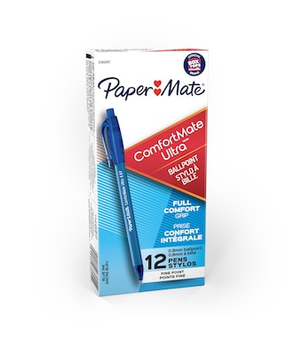 Paper Mate ComfortMate Ultra Retractable Ballpoint Pen, Fine Point, Blue Ink, Dozen (6360187)