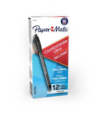 Paper Mate ComfortMate Ultra Retractable Ballpoint Pen, Fine Point, Black Ink, Dozen (6380187)