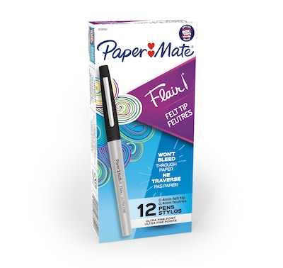 Paper Mate Flair Felt Pen, Ultra Fine Point, Black Ink, Dozen (8330152)