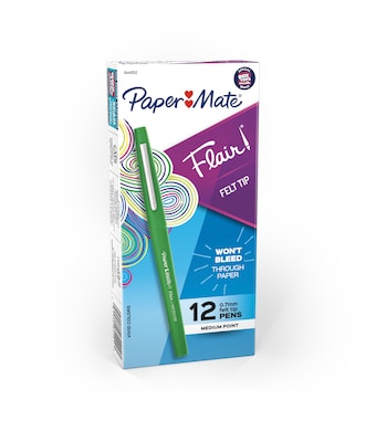 Paper Mate Flair Felt Pen, Medium Point, Green Ink, Dozen (8440152)