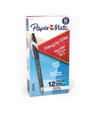 Paper Mate FlexGrip Elite Retractable Ballpoint Pen, Fine Point, Black Ink, Dozen (85582)