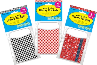 Barker Creek Red & Black Classic Library Pockets, Assorted Designs, 90/Set (4083)