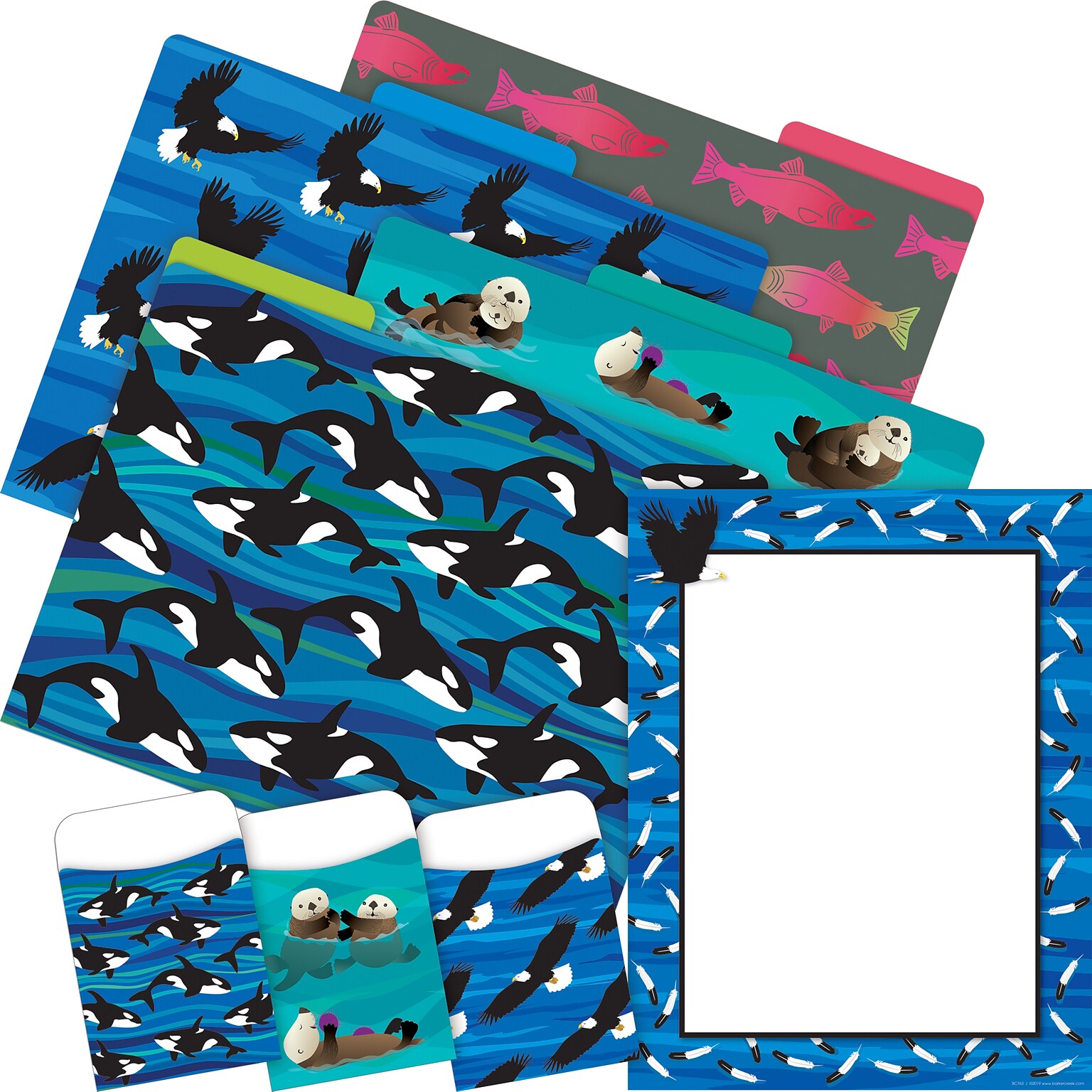 Barker Creek Sea & Sky File Folders, Computer Paper and Library Pockets, 1/3-Cut Tab, Letter Size, Multicolor, 92/Set (4102)