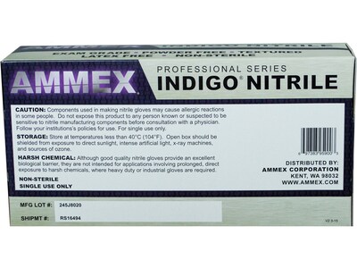 Ammex Professional Series Powder Free Nitrile Exam Gloves, Latex Free, Medium, Indigo, 100/Box, 10/C