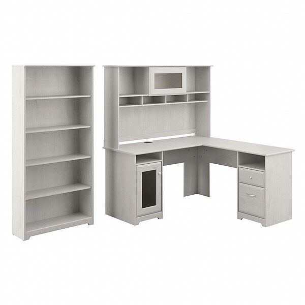 Bush Furniture Cabot 60 L-Shaped Desk with Hutch and 5-Shelf Bookcase, Linen White Oak (CAB011LW)