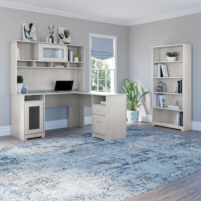 Bush Furniture Cabot 60" L-Shaped Desk with Hutch and 5-Shelf Bookcase, Linen White Oak (CAB011LW)