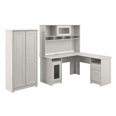 Bush Furniture Cabot 60" L-Shaped Desk with Hutch and Tall Storage Cabinet, Linen White Oak (CAB017LW)