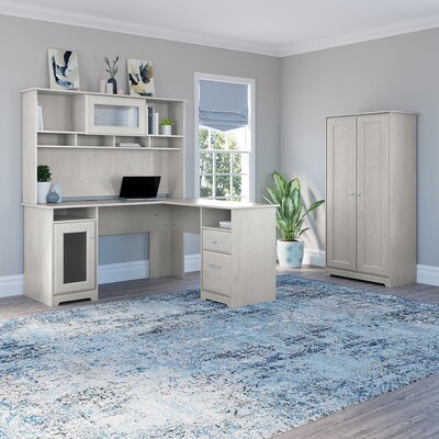 Bush Furniture Cabot 60" L-Shaped Desk with Hutch and Tall Storage Cabinet, Linen White Oak (CAB017LW)