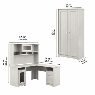 Bush Furniture Cabot 60" L-Shaped Desk with Hutch and Tall Storage Cabinet, Linen White Oak (CAB017LW)