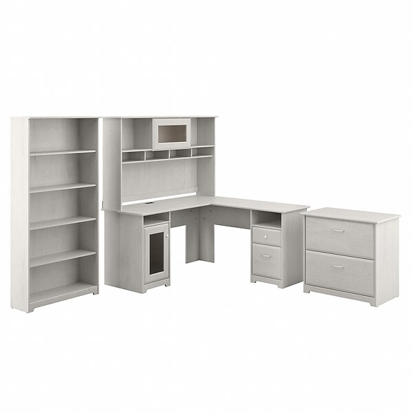 Bush Furniture Cabot 60 L-Shaped Desk with Hutch, 5-Shelf Bookcase, and Lateral File Cabinet, Linen White Oak (CAB010LW)