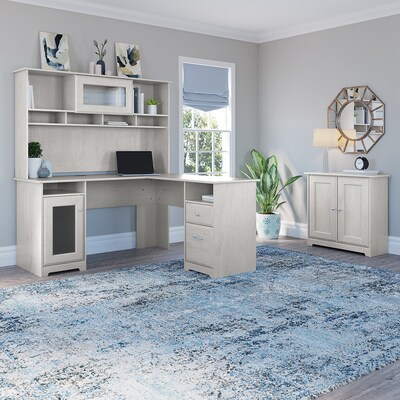 Bush Furniture Cabot 60" L-Shaped Desk with Hutch and Small Storage Cabinet, Linen White Oak (CAB016LW)