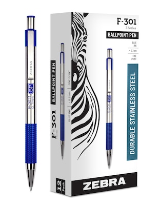 Zebra F-301 Retractable Ballpoint Pen, Fine Point, Blue Ink, Dozen (27120)