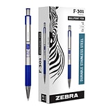 Zebra F-301 Retractable Ballpoint Pen, Fine Point, Blue Ink, Dozen (27120)