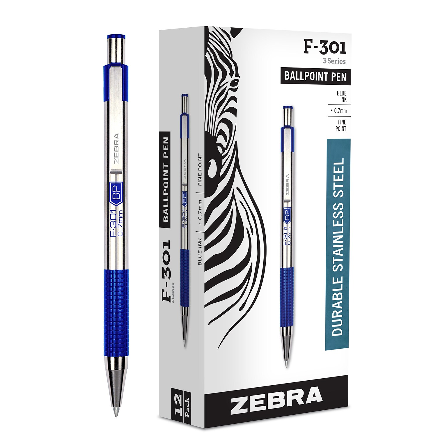 Zebra F-301 Retractable Ballpoint Pen, Fine Point, 0.7mm, Blue Ink, Dozen (27120)