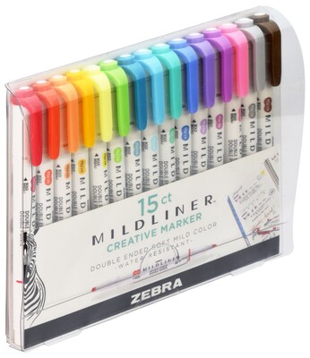 Zebra Mildliner Twin Tip Highlighters, Bullet/Chisel Tip, Assorted Inks, 15/Pack (78115)