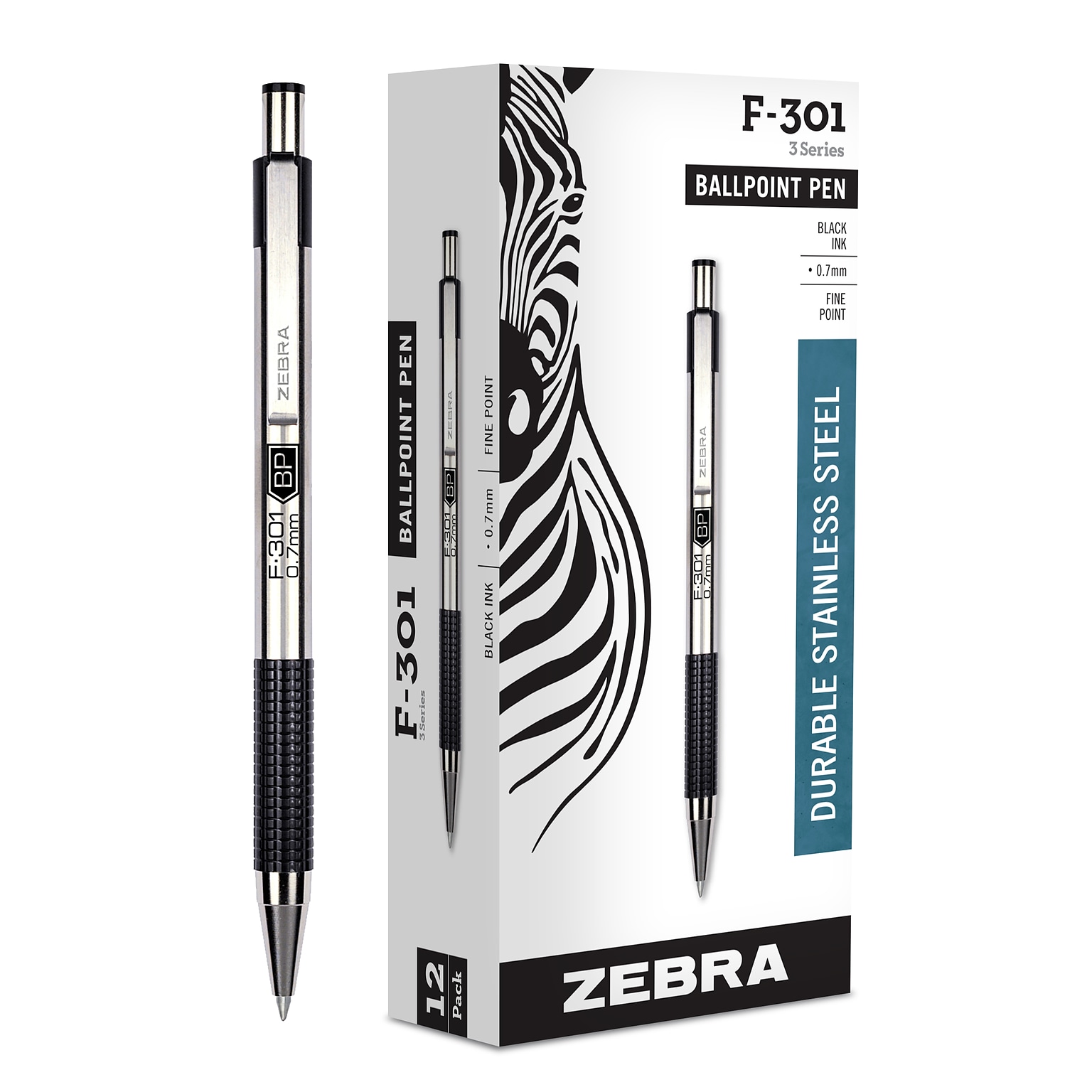 Zebra F-301 Retractable Ballpoint Pens, Fine Point, 0.7mm, Black Ink, Dozen (ZEB27110)