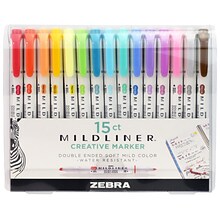 Zebra Mildliner Twin Tip Highlighters, Bullet/Chisel Tip, Assorted Inks, 15/Pack (78115)